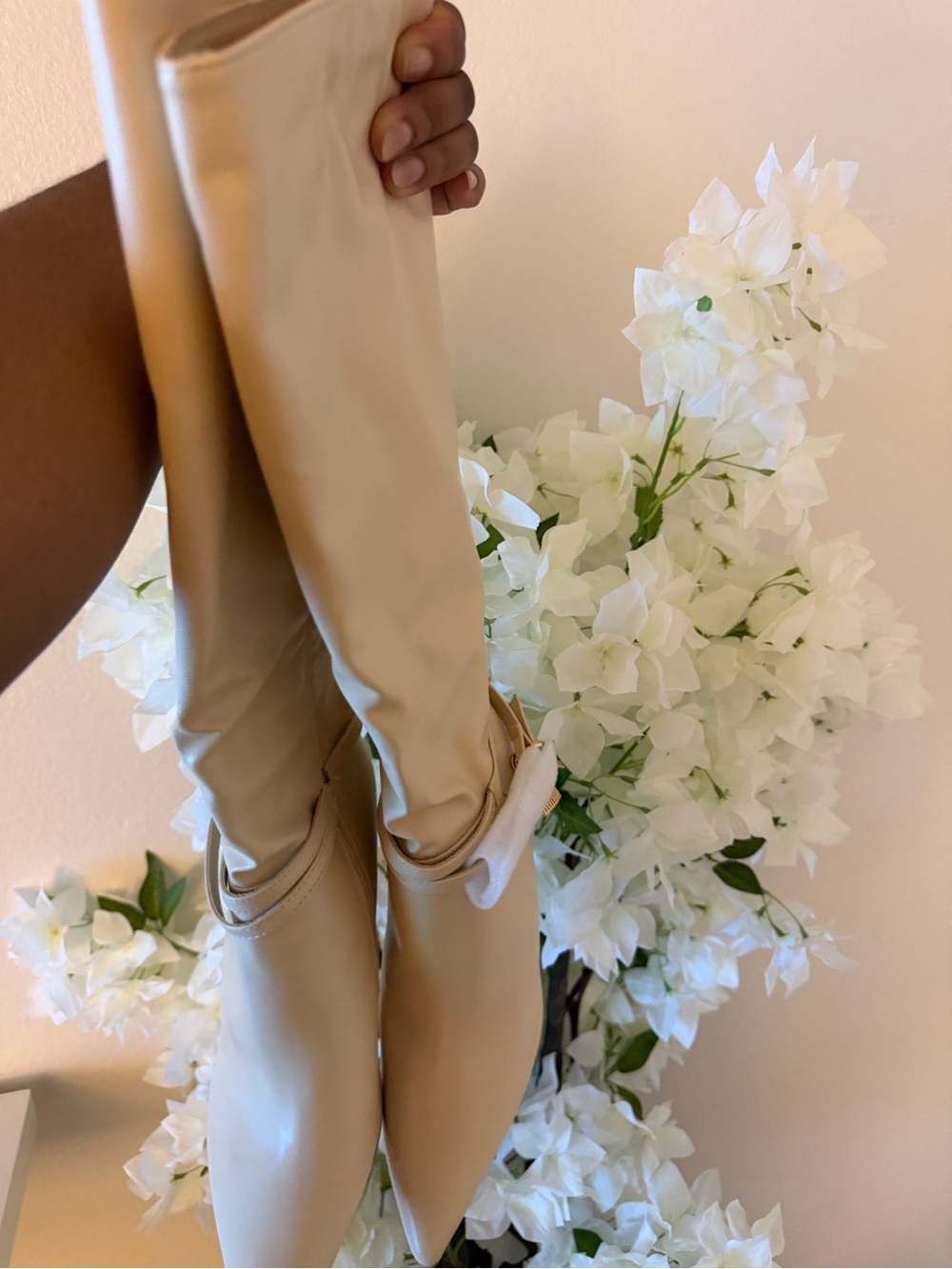 Fashion Nova Cream Over-the-Knee Pointed Toe Boots